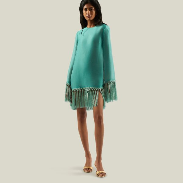 Luxury Taller Marmo dress in satin with feather trim – shop Coveti