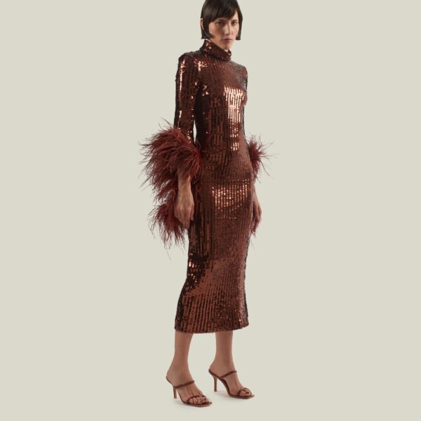 Luxury Taller Marmo dress in satin with feather trim – shop Coveti