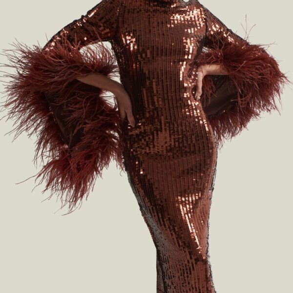 carpet Taller Marmo gown with feather detail – Coveti