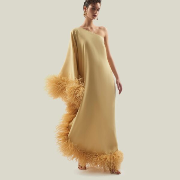Luxury Taller Marmo dress in satin with feather trim – shop Coveti