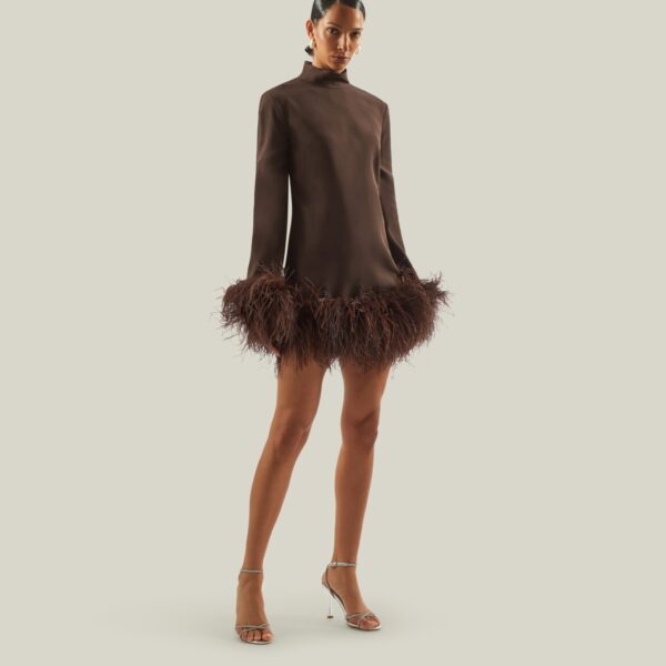 Luxury Taller Marmo dress in satin with feather trim – shop Coveti