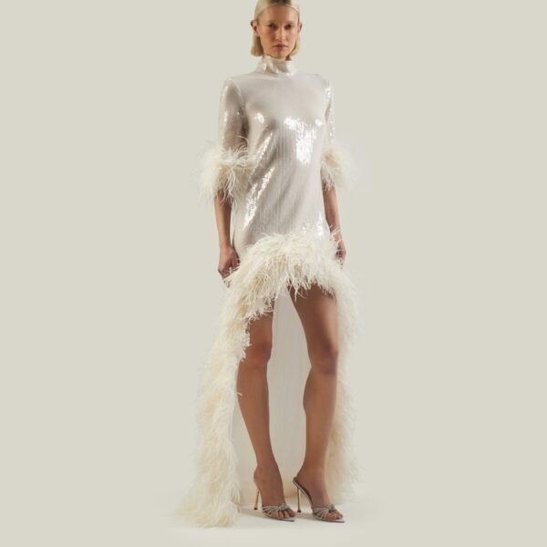 Luxury Taller Marmo dress in satin with feather trim – shop Coveti