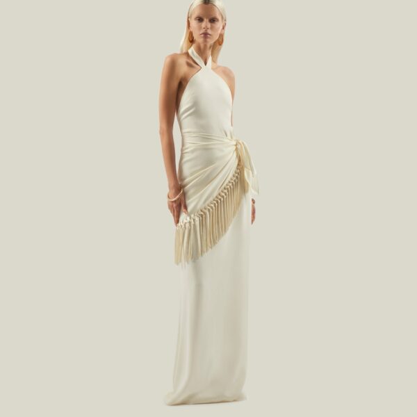 Luxury Taller Marmo dress in satin with feather trim – shop Coveti