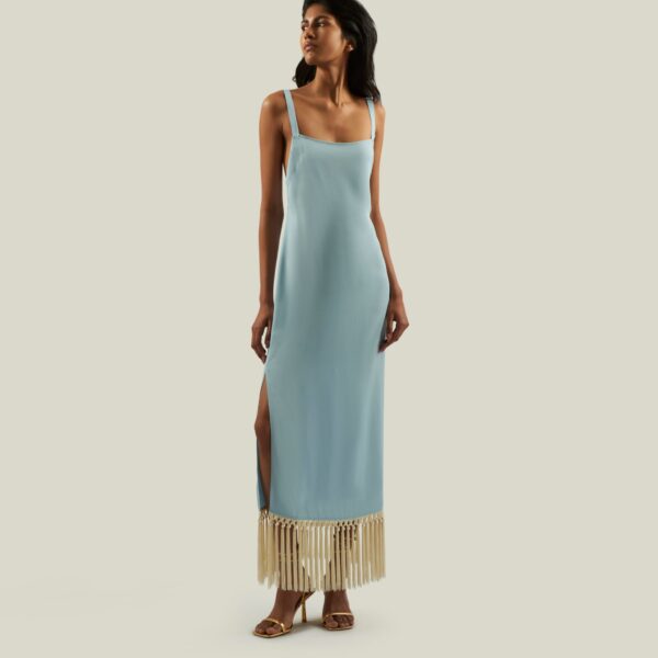 Luxury Taller Marmo dress in satin with feather trim – shop Coveti