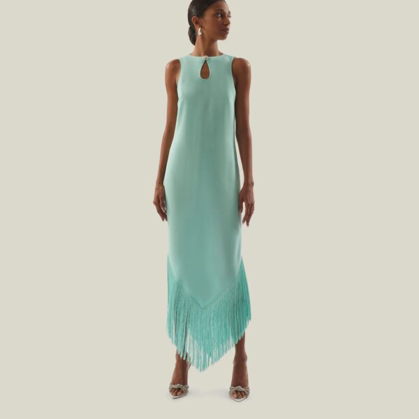 Luxury Taller Marmo dress in satin with feather trim – shop Coveti