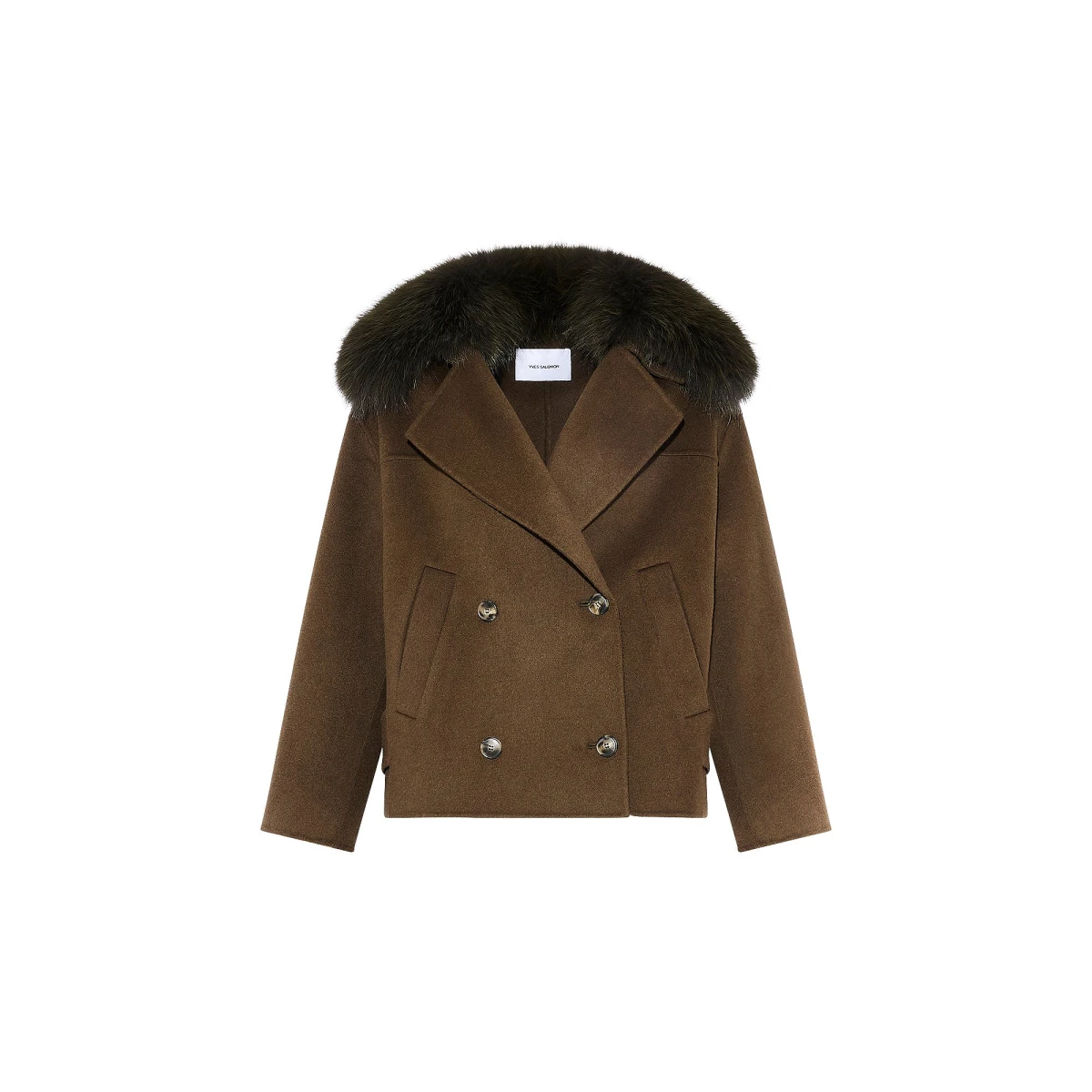 Woman wearing Yves Salomon shearling fur coat – luxury outerwear at Coveti