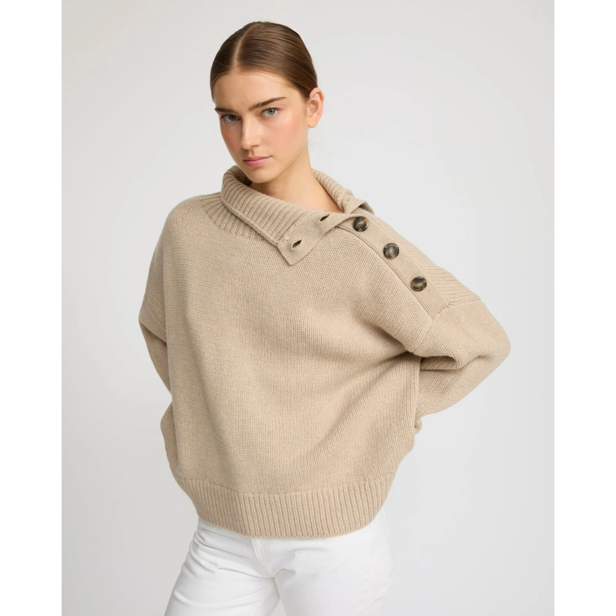 Woman wearing Yves Salomon shearling fur coat – luxury outerwear at Coveti