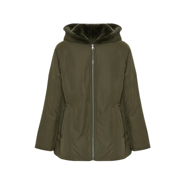 Reversible hooded jacket in rabbit rex fur and technical fabric