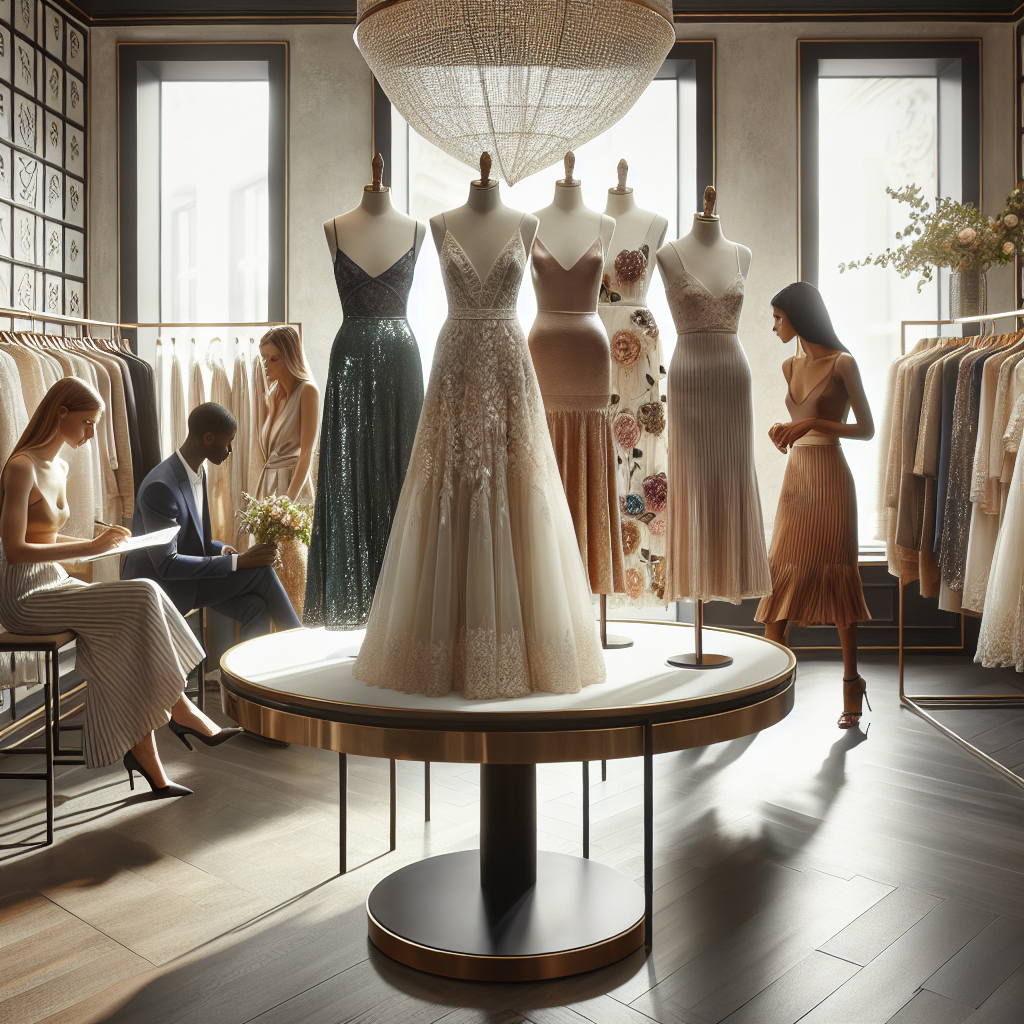 Create an image that depicts the interior of a sophisticated clothing boutique. In the forefront, put a round table displaying a dozen of meticulously arranged wedding guest dresses in different styles and colors. Highlight a beautiful, flowing maxi dress made of soft silk with exquisite lace detailing. To the right, showcase an elegant, tight-fitted midi dress with a shimmering sequin pattern. On the left, highlight a bohemian-inspired mini dress with floral embroidery. Create a thoughtful blend of modern and traditional styles. Add in customers of various descents, both male and female, thoughtfully browsing through the collection, selecting the dresses that catch their eye.