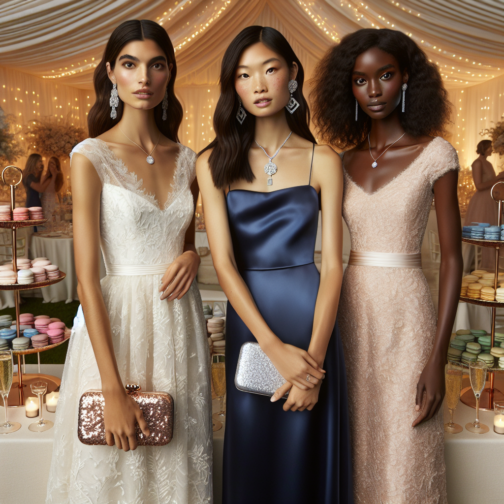Visualize a diverse array of women looking elegant in guest wedding dresses. Start with three women standing together, a Hispanic woman in a knee-length, pearl white lace dress with a rose gold sequin clutch, an Asian woman gracing a floor-length, navy blue silk dress with a silver pendant necklace, and a Black woman wearing a tea-length, blush pink chiffon dress with polished diamond-shaped pearl earrings. They each have exquisitely styled hair and subtle makeup, reflecting their individual personalities. In the background, cream-colored marquees twinkle with fairy lights, creating a magical matrimonial vibe. Multi-level trays of colorful macarons and champagne flutes catch the soft light, adding to the festive ambiance.