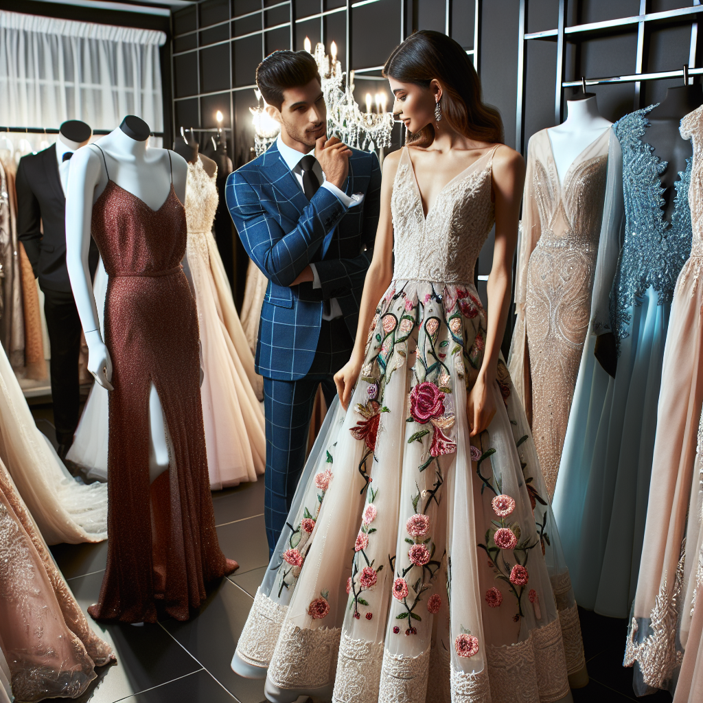 A display of various stunning wedding guest dresses. In the forefront, let's see an elegant A-line dress with floral embroidery, worn by a White woman. Beside her, a Hispanic man in a complementary formal outfit admiring the dress. In the background, a mix of wedding guest attires in different styles and colors worn by people of different descents like Middle-Eastern, Black, and South Asian are showcased. Every outfit embodies elegance and tasteful fashion. The ambiance should be of an up-scale boutique, with good lighting, mirrors, and classy decor around.