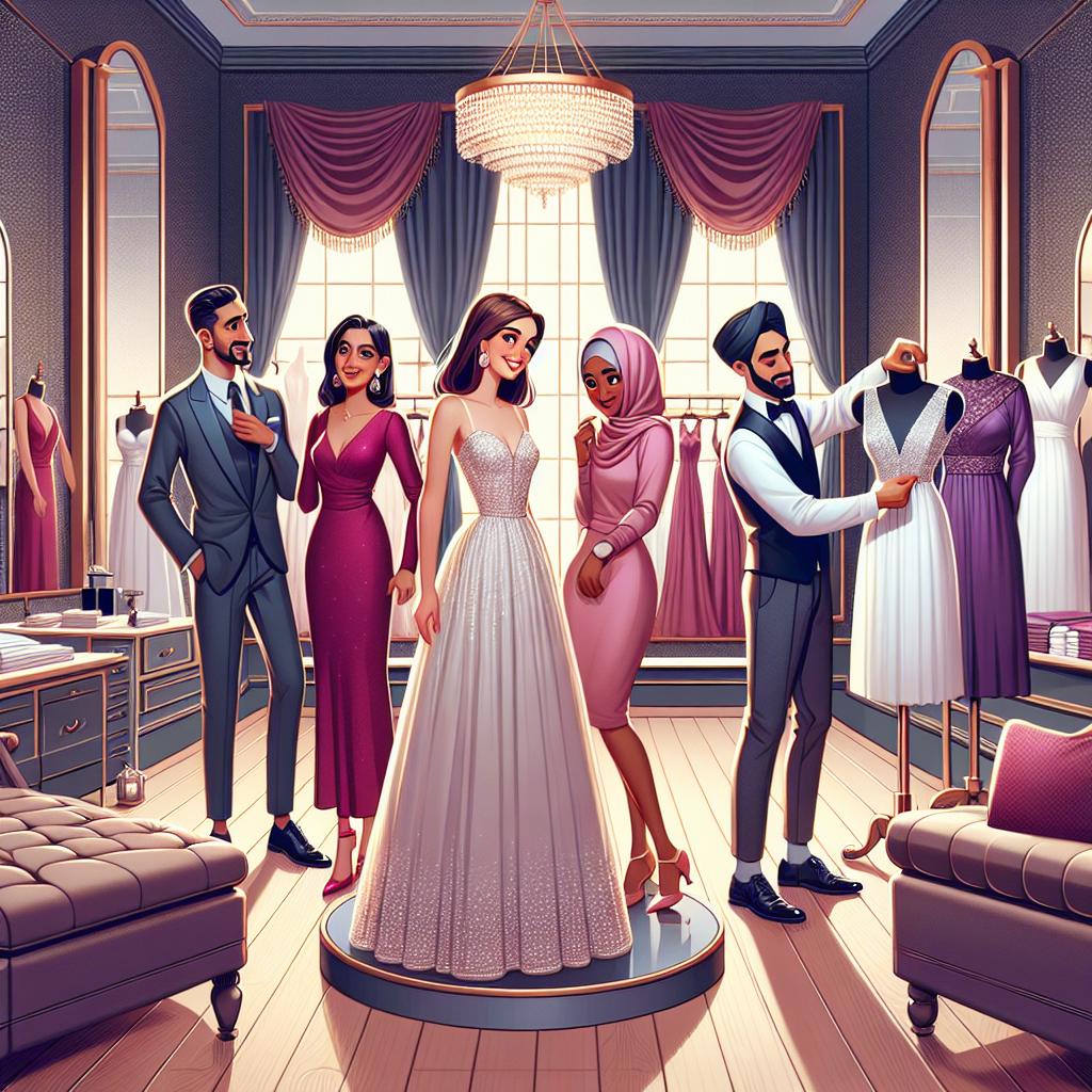 Design an illustration for an article about renting striking wedding guest dresses. Set the scene inside a sumptuous, softly-lit boutique, with stylish dresses of various cuts, styles, and colors displayed on lustrous mannequins. In the center, portray a South Asian woman and a Black woman as they excitedly try on elegant dresses, excited at the prospect of attending a grand wedding. In the background, highlight a Middle-Eastern man, possibly the shop owner, expertly adjusting a dress on a white mannequin. Sprinkle the scene with details, like ornate mirrors, hardwood floors, and plush velvet curtains.