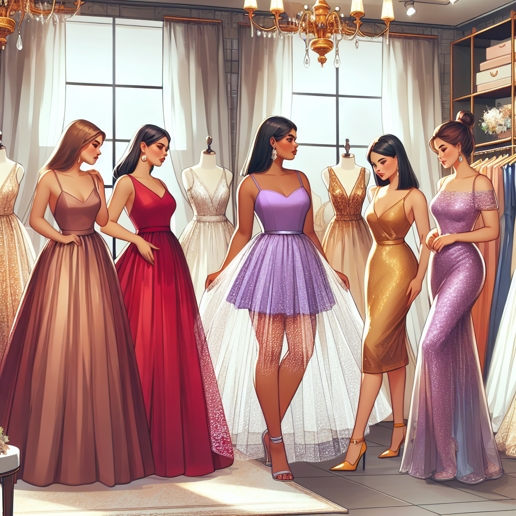 Imagine an array of beautiful wedding guest dresses showcased in an elegant boutique for an upcoming article. In this scene, there are a variety of dresses in unique styles and colours to suit different body types and personal styles. On the left, a plus-sized Middle-Eastern woman gracefully tries on a flowy garnet red A-line dress. In the centre, a tall, athletically built Hispanic woman is examining a lavender lace cocktail dress with a sense of deep interest. To the right, an Asian lady with petite stature is delighted with her shimmering golden sheath dress. The entire setting radiates a sense of joy, celebration, and elegance.