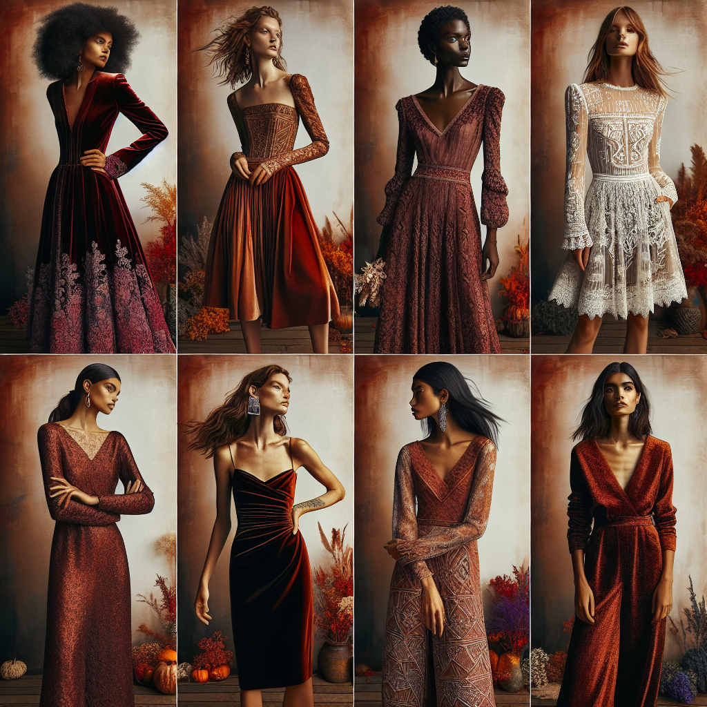 Imagine a collection of breathtaking fall wedding guest dresses. Picture a wardrobe filled with fashion for every type of style, from bohemian chic to classic elegance. There's a dress with an A-line silhouette, made from rich burgundy velvet, perfect for embracing the warmth of autumn hues. Another is an ethereal, lacy, long-sleeved dress that whispers of the fallen leaves. Among the dresses, there is also a sleek, fitted black satin dress that adds a touch of modern sophistication. There's yet another dress, in a comfortable yet elegant jumpsuit style, in a vibrant shade of burnt orange. The models showcasing the dresses represent different descents and genders: a Hispanic female model, a Black male model, a Caucasian non-binary model, and a South Asian feminine model. This picture captures the essence of a fall wardrobe for wedding guests.