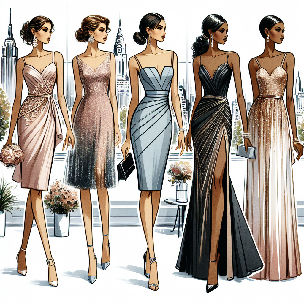 Create a captivating illustration of a variety of semi-formal wedding guest dresses. Display dresses that are appropriate for different types of occasions and seasons. A dress fitting for a summer garden celebration, a sleek dress perfect for a city wedding, and an elegant dress suitable for a fall event. The dresses should radiate sophistication and style. Please show a diverse group of women wearing them. For instance, a Hispanic woman wearing the summer garden dress, a Middle-Eastern woman in the chic city wedding dress, and a Black woman adorning the elegant fall dress. Set the scenery for each dress to match the theme of the event.