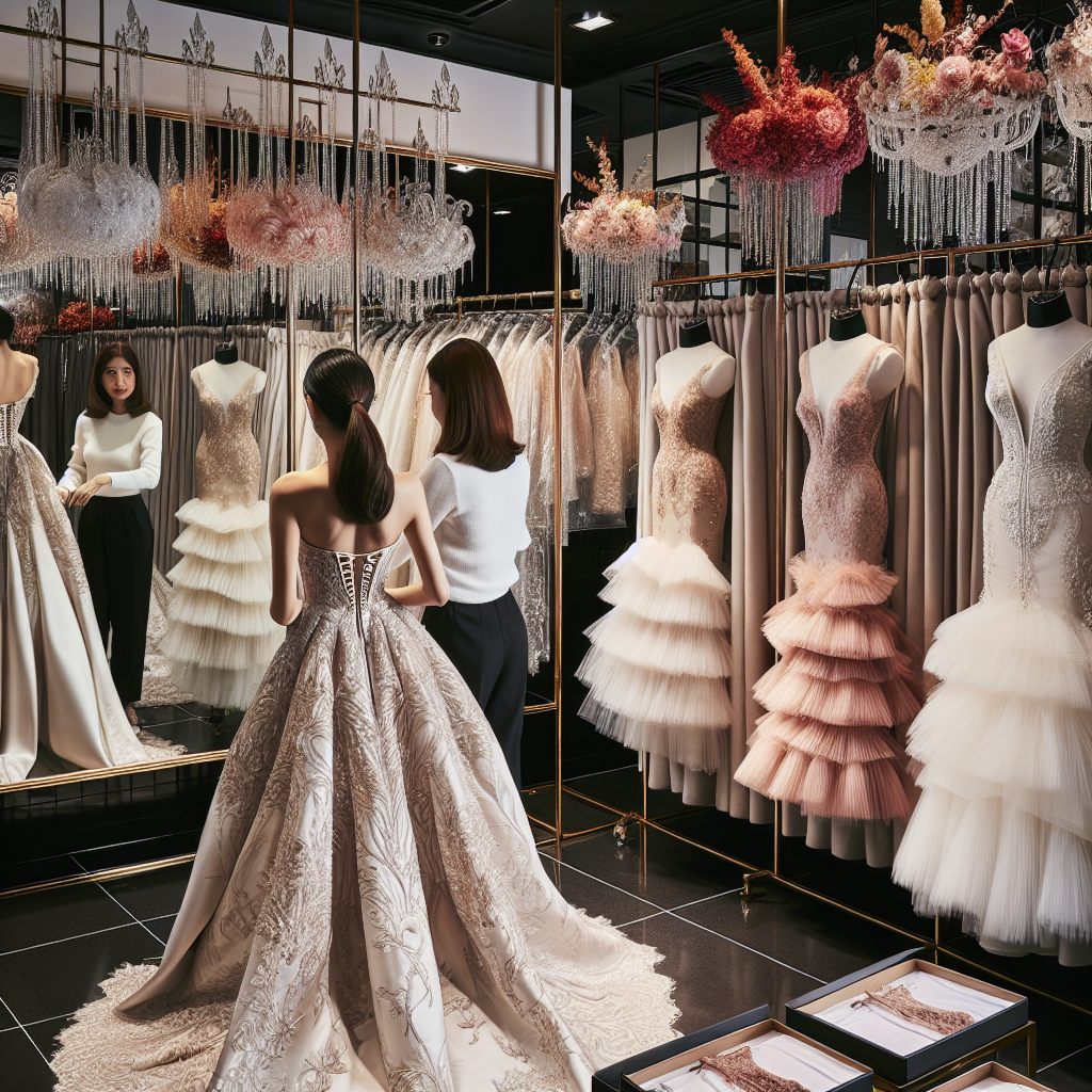 An elegant shopping scene at a boutique in Manila specializing in wedding guest dresses. Display stands are organized with various styles of dresses, from masquerade-inspired gowns to romantic frilly pieces, all oozing a sense of luxury and sophistication. A Filipina customer with bustling energy is trying on a long, silky white dress with intricate embroidery. She stands in front of a large fitting room mirror, her reflection merging with the array of colors in the background. A Caucasian sales assistant, efficiently catering to her needs while adding another dress to the clothing rack.