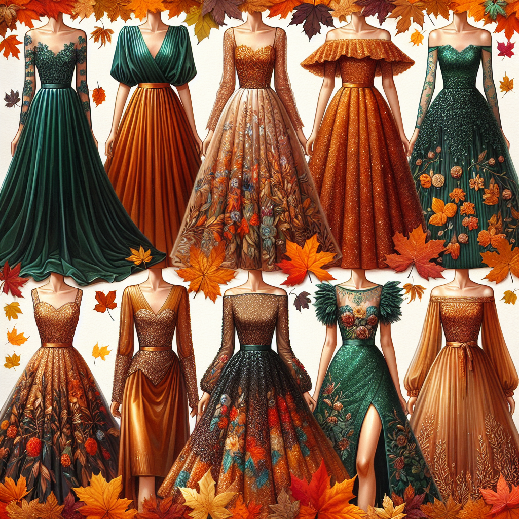 A collection of stunning Fall wedding guest dresses suitable for an October event spread out against a backdrop of vibrant orange, brown, and yellow autumn leaves. Include a range of designs: one should be a long flowy dress in dark green velvet, another should be a sequined cocktail dress in gold, and the third should be an off-shoulder dress in burnt sienna. Add details such as lace trims, fabric flowers, and intricate embroidery. Also, illustrate these dresses being worn by people of different descents and genders.