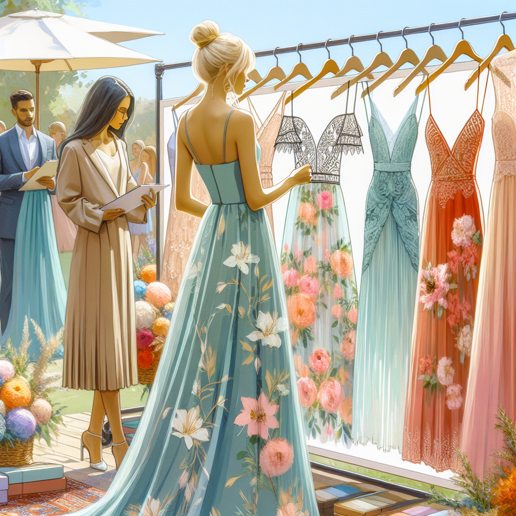 Bring to life a beautiful summer scene at an outdoor wedding. The focal point of the image is a display rack filled with wedding guests dresses. The designs vary but overall, they carry a vibe of elegance and sophistication. Both long and short pieces can be seen, featuring florals, pastels, and vibrant summer colors. The image should capture a variety of silhouettes suitable for people of all body shapes. In the background, a woman, Caucasian with blonde hair, is seen browsing through the dresses, while a South Asian man, possibly a store assistant, consults with her.