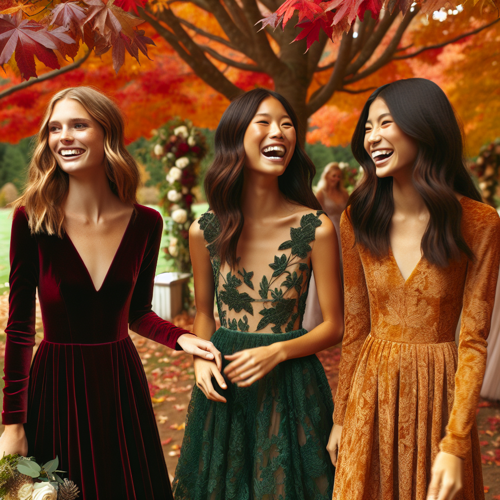 Imagine a picturesque fall setting with leaves in hues of red, orange, and yellow. Envision three wedding guests, each donning beautiful dresses fitting for a fall wedding. One woman, of Hispanic descent, is wearing a dark green, velvet, knee-length dress. The second woman, Asian, is in a burgundy mid-length dress with lace detailing. The third woman, of Middle-Eastern descent, is wearing a long, elegant mustard-colored silk dress. They are laughing, engaged in cheerful conversation, encapsulating the joy of the wedding and the beauty of the fall season.