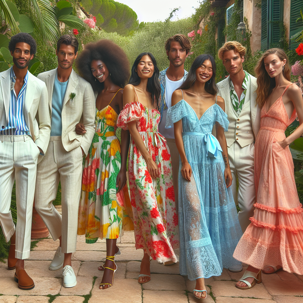 Imagine a vibrant scene at a summer garden wedding. A select collection of guests is dispersed across the scene, all wearing well-chosen summer wedding guest dresses. A Black woman dons a lightweight, bright floral print dress with a full skirt. An Asian man is in a casual linen suit featuring pastel hues. A Hispanic woman is dazzling in a coral lace dress with flutter sleeves while a Middle-Eastern man sports a crisp, off-white linen jacket. A South Asian woman carries elegance in an airy maxi dress in shades of ocean blue, and a white man showcases a relaxed, beach-inspired ensemble. All are embracing the joyous summertime celebration.
