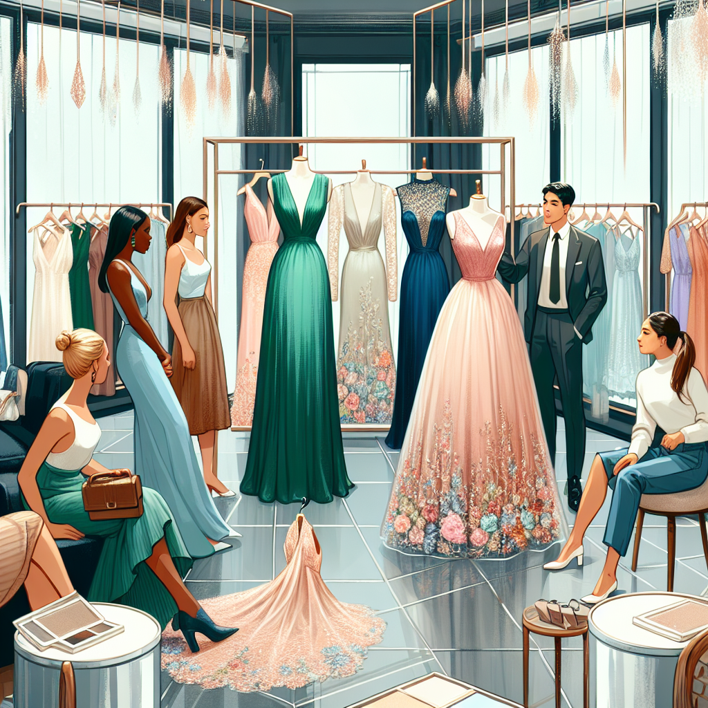 Visualise a boutique filled with an array of beautiful, elegant wedding guest dresses. Notable pieces are a floor-length emerald green silk gown elegantly draped on a hanger, a knee-length pastel pink lace dress with delicate embroidery resting on a display table, and a sophisticated navy blue satin dress with a plunging neckline showcased on a mannequin. Scattered around the boutique, we see some customers - a Black woman in her late twenties fitting a floral chiffon maxi dress and a Caucasian woman in her forties appreciating a cocktail dress with intricate beading. Also present is a South Asian man, engaged in a lively discussion with a Middle-Eastern store assistant.