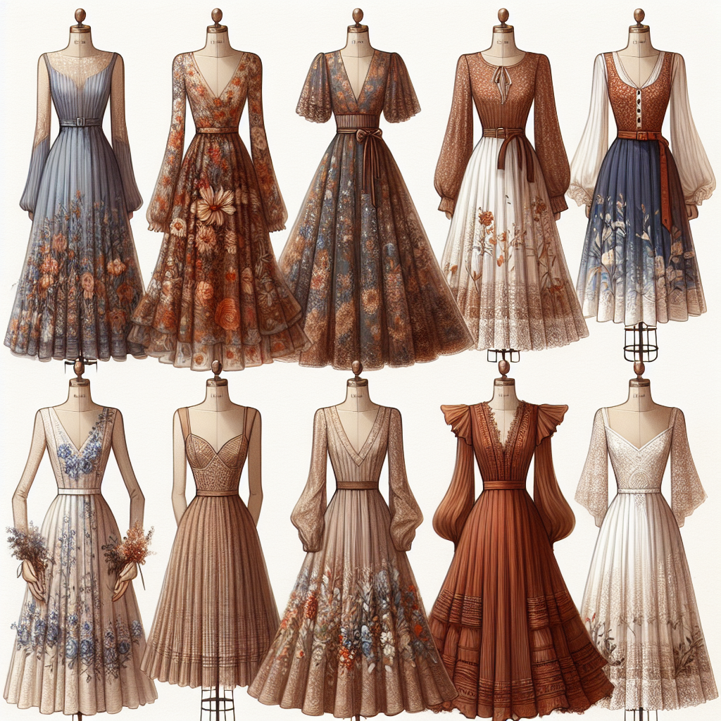 Capture a collection of six different beautifully designed fall wedding guest dresses representing a variety of styles. Each dress reflects the essence of the autumn season, incorporating elements such as earthy tones, floral prints, and cozy textures. The dresses should be visually arranged together for comparison. Display them on dress forms to highlight their unique cuts and designs. Include different descent and gender representations in the dress designs, with one dress each specifically designed for a Caucasian, Hispanic, Black, Middle-Eastern, South Asian, and Asian. Each dress should elegantly emphasise the uniqueness of the respective cultural style. Let each masterpiece shine in its own right, providing the perfect match for every wedding guest.