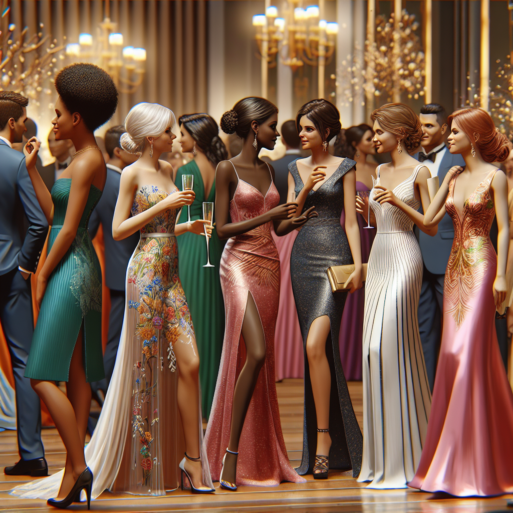Imagine a scene at a grand wedding reception. In the foreground, several guests of different descents such as Caucasian, Black, Hispanic, and South Asian are chatting and laughing. The focus should be on their stylish dresses that are elegant and striking. Some women are shown in floor-length gowns with intricate embroidery, while others are in cocktail dresses with vibrant colors and sleek designs. In the background, you can see the wedding decor, creating a warm and festive atmosphere. Capture this scene in a realistic art style, paying attention to the diversity of the guests and their eye-catching attire.