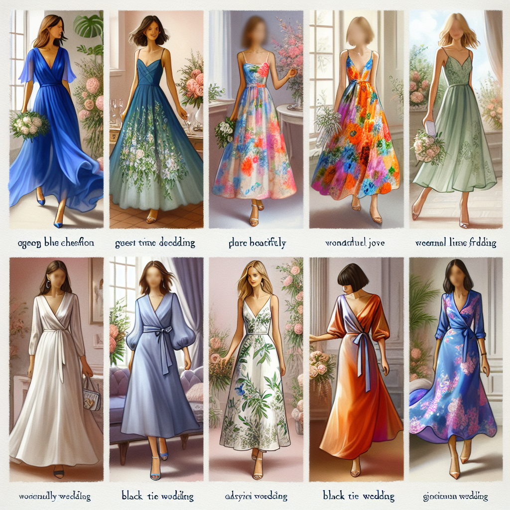 Image capturing a set of unique guest wedding dresses on display. Each dress should depict different styles suitable for a wedding. The first dress is an elegant blue chiffon, draped beautifully, perfect for a formal evening wedding. The second one is a vibrant floral print midi dress reflecting pure joy, ideal for a daytime garden wedding. The third dress is a sophisticated black cocktail dress, in contrasts to usual white wedding attire, suitable for a black tie wedding. The fourth dress is a wonderfully lightweight, pastel linen dress for a casual beach wedding. Lastly, a jewel-tone silk wrap dress, glowing for an opulent cathedral wedding. 