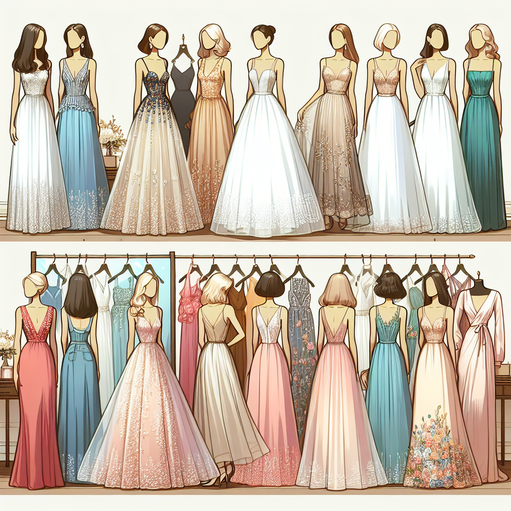 Visualize an in-depth guide for stunning wedding guest dresses. The guide should exude luxury and elegance, featuring a variety of dresses suitable for all types of weather and venues. The dresses should range from long, flowing gowns with intricate beadwork for formal events to cute, shorter dresses for casual weddings. There should also be a variety of colors represented, from pastel spring tones to deeper colors for winter events. Diverse group of female figures should be seen trying on these dresses of varying styles and colors in a boutique, each with different body types to show inclusiveness.