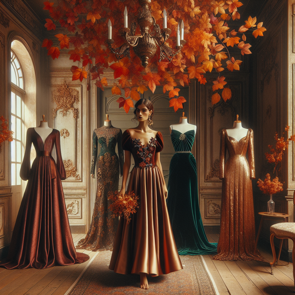 Imagine entering a nostalgic vintage boutique filled with exquisite fall wedding guest dresses. In the foreground, find three dresses showcasing the rich tones of autumn. One, a flowing merlot midi-dress worn by a Caucasian woman with braided auburn hair. Another, a deep emerald green velvet gown modelled by a South Asian woman with a sleek bun hairstyle. The last, a brocade gold dress accentuating the elegance of a Black woman with an afro style hair. Complementing the aura, fiery leaves are cascading from an antique chandelier elegantly hanging from the ceiling.