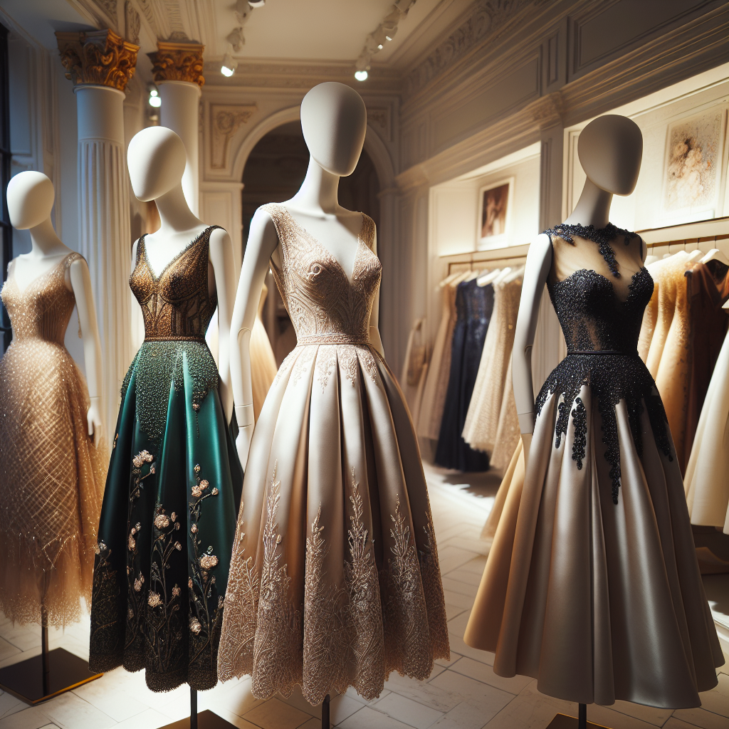 Imagine a beautifully lit boutique in London. In this boutique, there is a variety of stunning wedding guest dresses displayed on mannequins. One dress is an elegant silk, A-line dress with lace detailing in a rich shade of emerald green. Another is a sophisticated champagne-colored dress with intricate beadwork and a high neck. A third dress is a classically beautiful navy-blue dress with a fitted bodice and flowing skirt. Each dress captures a different style, catered to diverse preferences. Include detailed close-ups of the designs, the textures, and the colors of these dresses.