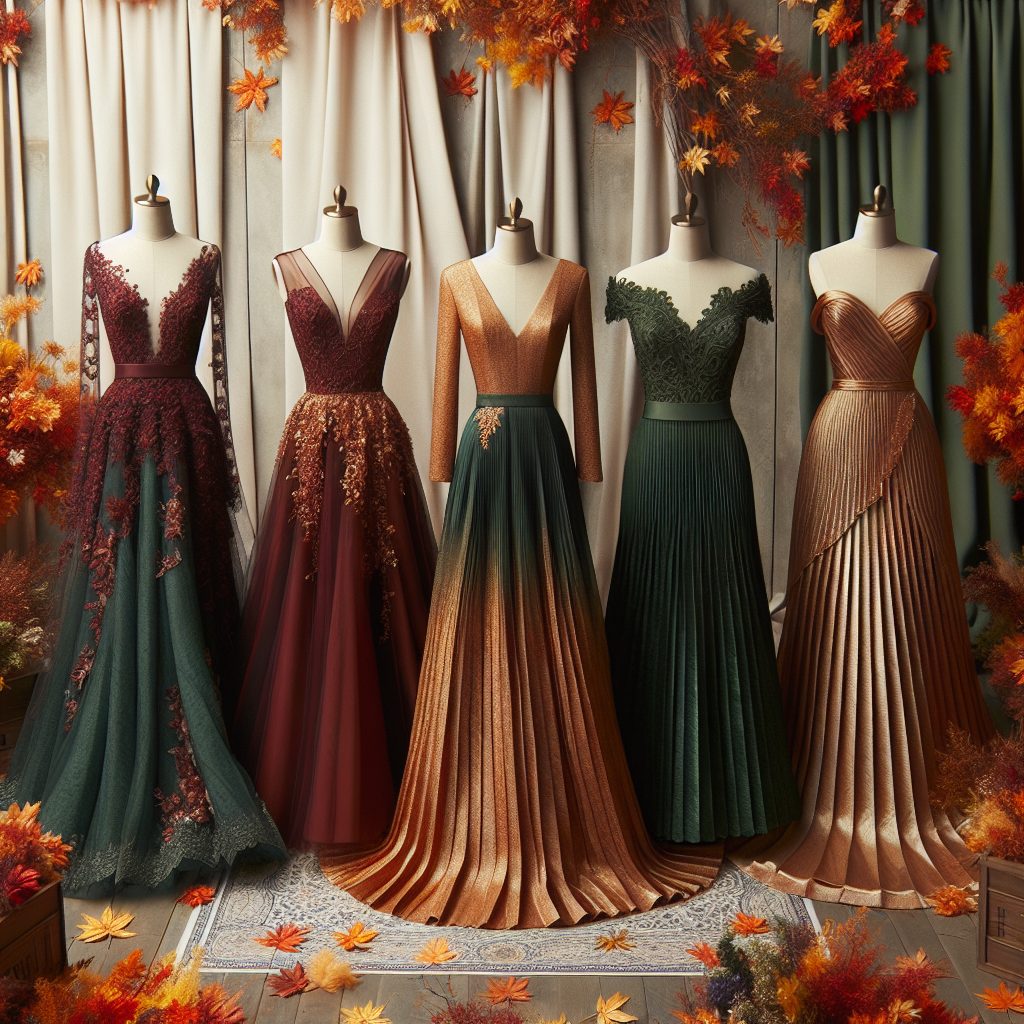 Imagine a breathtaking display of four through various autumn-themed dresses designed for wedding guests. The first dress is a deep merlot color with an elegant, floor-length silhouette, tastefully adorned with lace. The second is a calf-length dress in burnished gold, accentuated by a shimmering fabric. The third dress is a forest green tea-length dress with a classic pleated design. The final dress is an off-shoulder dress in a muted orange hue, with a cascading hemline that embodies the essence of fall leaf fall. This display captures the diverse and stunning options for fall wedding guest attire.