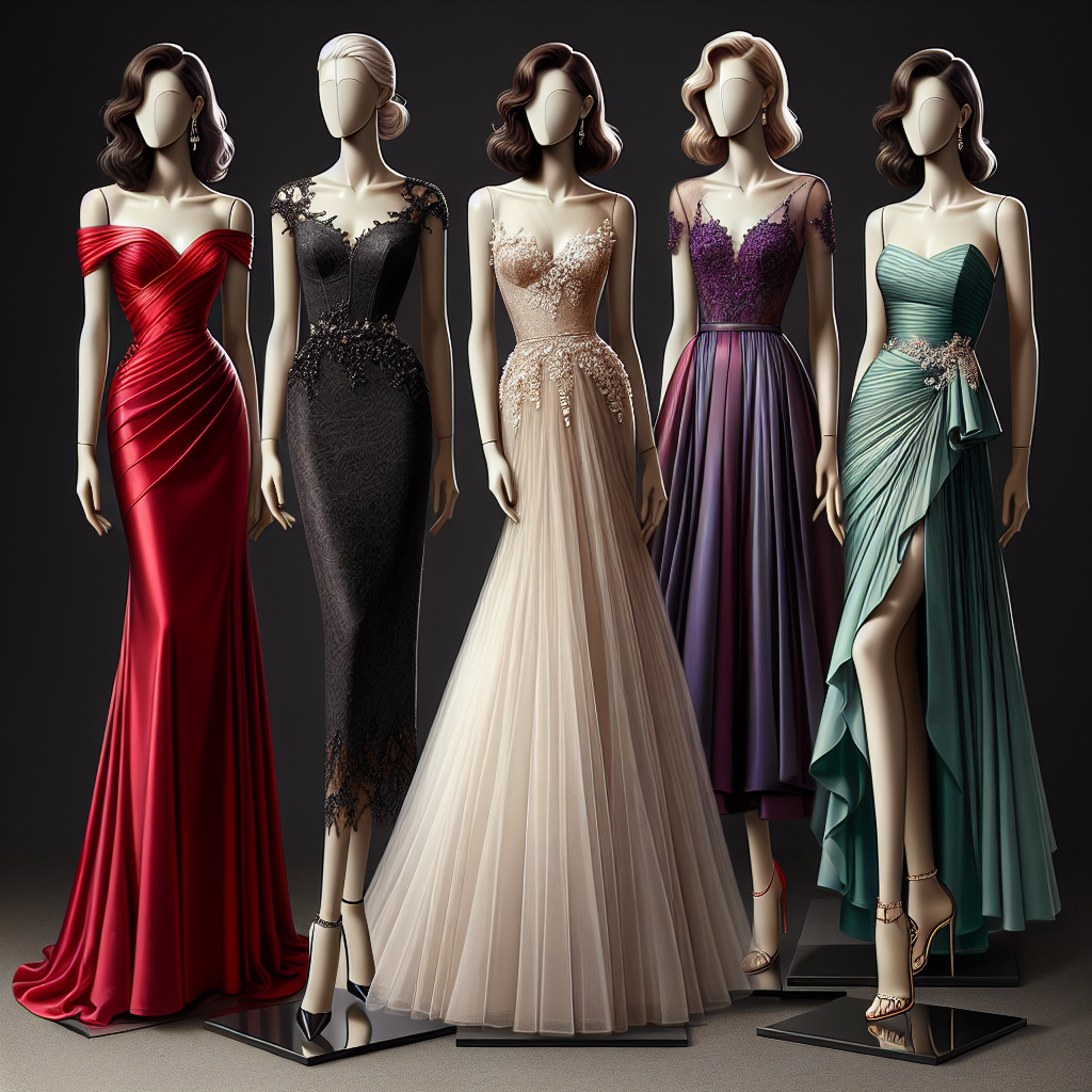 Visualize an array of elegant formal wedding guest dresses featuring must-see styles. Imagine a display of five dresses on sleek mannequins. The first dress is a floor-length, silky red gown with an off-the-shoulder design on a Caucasian mannequin. The second is a fitted black lace dress with cap sleeves on a Hispanic mannequin. Third, a bold purple A-line dress with beaded detailing on an Asian mannequin. Fourth, a champagne-colored, strapless dress with a ruffled skirt on a Middle Eastern mannequin. Lastly, a mint green, sleeveless maxi dress with a halter neckline on a Black mannequin.
