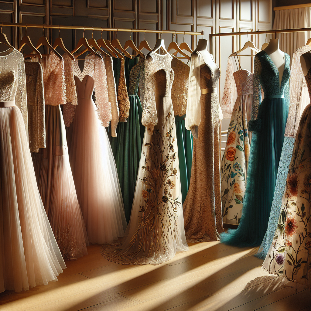 Visualize a boutique setting with an array of exquisite wedding guest dresses hung on display, basking in the warm light. Include a variety of styles, like a long, flowy A-line dress in pastel pink, a sleek black body-hugging sheath dress, an elegant champagne-colored lace dress with long sleeves, and a vibrant floral print maxi dress. Showcase some diversity by representing a South Asian woman wearing a dress inspired by a traditional sari with intricate gold embroidery, an African American woman in a structured royal blue tulle gown, and a Caucasian woman in a bohemian-style green chiffon dress.