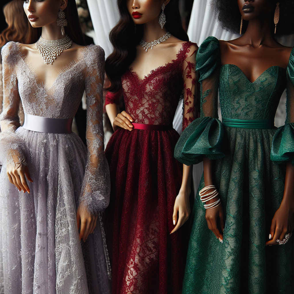 A stunning display of wedding guest dresses in various elegant styles. On the left is a Caucasian woman wearing a long, lavender lace dress accessorized with a pearl necklace. In the center, an Asian woman clothed in a graceful emerald green, knee-length dress paired with diamond earrings. On the right, a Black woman is outfitted in a classy red gown with long, frilly sleeves, accompanied by gold bangles. The atmosphere emits an air of sophistication, grace and style.