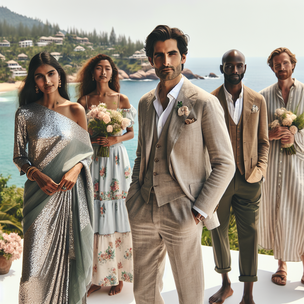 A beautiful outdoor setting with the ocean as the backdrop. Spot a variety of guests, showcasing an array of elegant but easygoing attire suitable for a destination wedding. Depict an Indian woman in a sequinned sari, a Middle-Eastern man in a light linen suit, a South Asian lady in a floral summer dress, a Black gentleman in a khaki ensemble, and a Caucasian couple in casual but chic wedding outfit. Most importantly, capture the relaxed yet sophisticated vibe typical of destination weddings.
