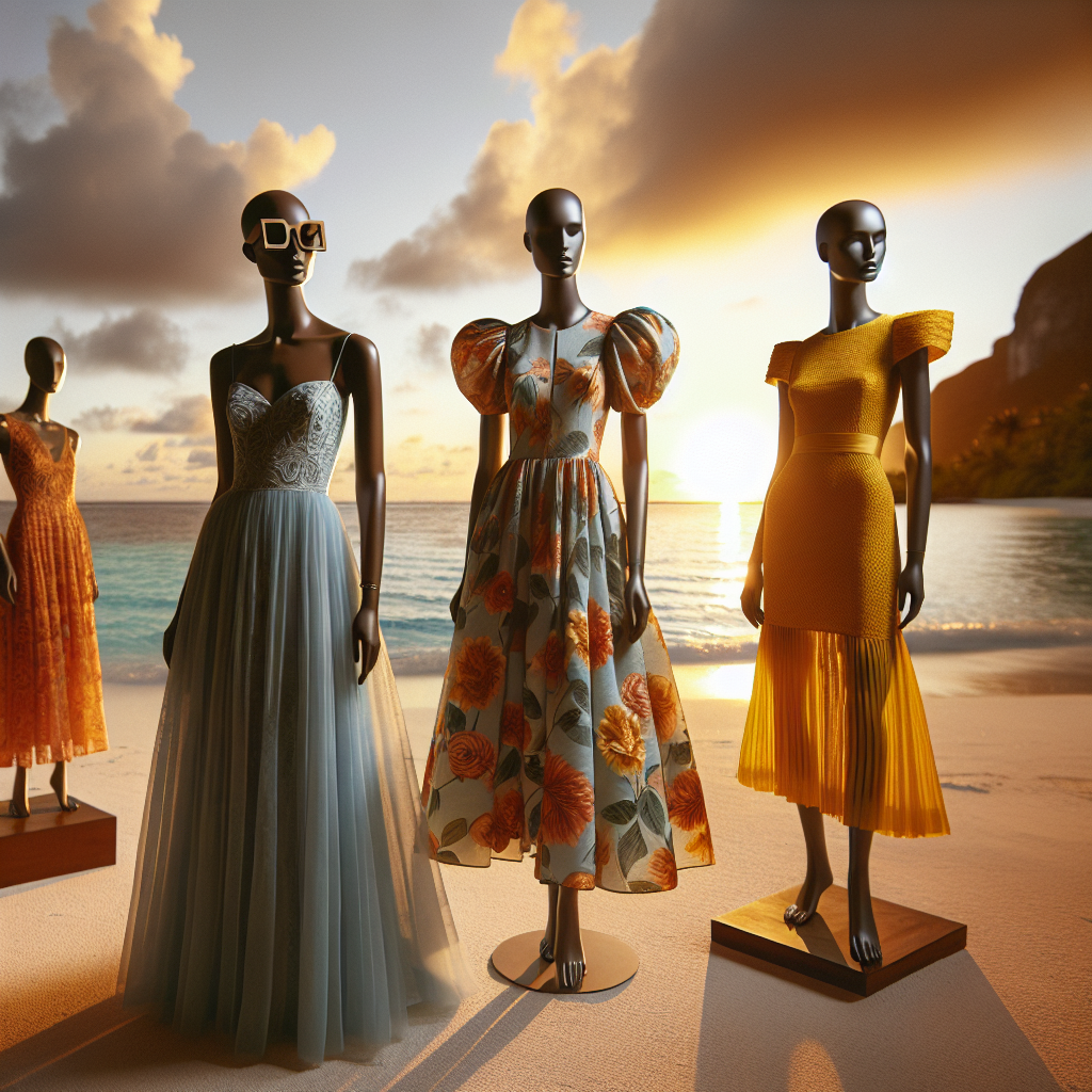 Imagine a tropical beach scene during sunset. Foreground showcases a variety of wedding guest dresses displayed on mannequins. A Caucasian woman with wooden sunglasses wears a coral maxi dress with intricate floral patterns. Next, an African woman dons a sky-blue midi dress with structured shoulders and gold jewelry. Finally, an Asian woman exhibits a vibrant yellow knee-length dress with an asymmetrical hemline and minimalist design details. The dresses capture the casual elegance of a destination wedding with their vibrant colors and relaxed yet polished silhouettes.