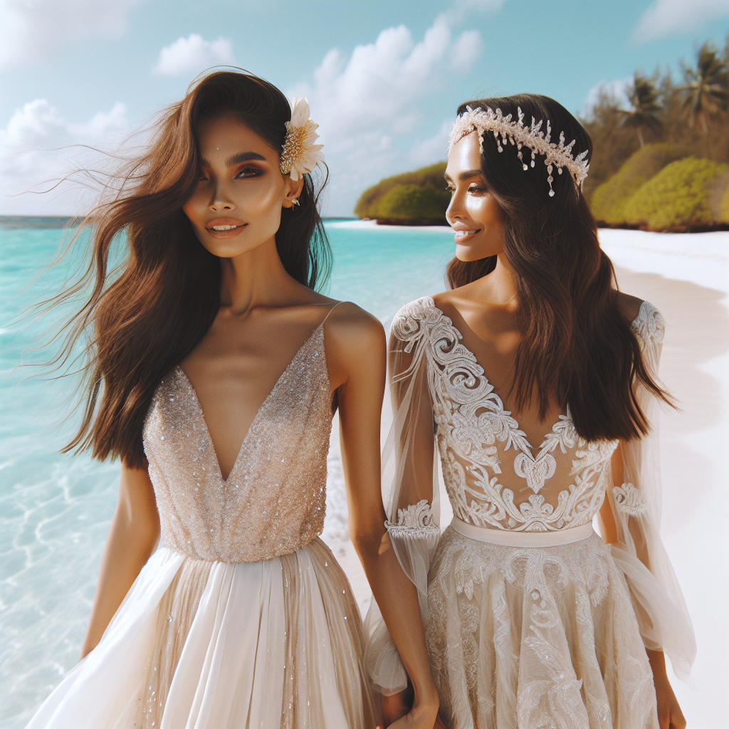 Imagine a picturesque beach setting with turquoise waters and powdery white sand beaches, acting as a natural canvas for a dreamy wedding event. Picture two brides, one of South Asian descent dressed in a mesmerizing ivory silk wedding dress which flows with the breeze, and another of Hispanic descent in an elegant lace dress, complemented by an effortless boho-chic headpiece. The sunlight illuminates the sequins on their dresses and their smiles carry the joy and hope of a new beginning. Visualize this intimate and heartwarming scene of a beach wedding.