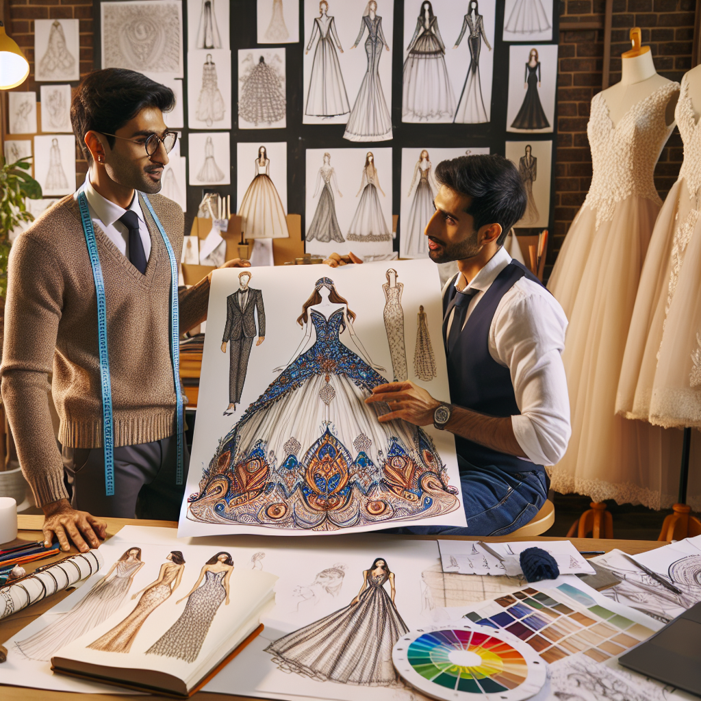 An indoor setting with two South Asian male fashion designers engaged in a discussion around a detailed filled sketchbook with the unique wedding dress designs reflecting various global cultures such as Europe, Asia, Africa, and the Middle East. One of the designers is showcasing a blown up illustration of a stylish wedding gown, while the other is brainstorming on different fabric swatches. Their desk is filled with other illustrations, a fabric color wheel, and some finished dress prototypes. The room ambiance is warm and creative with sketches adorning the walls.