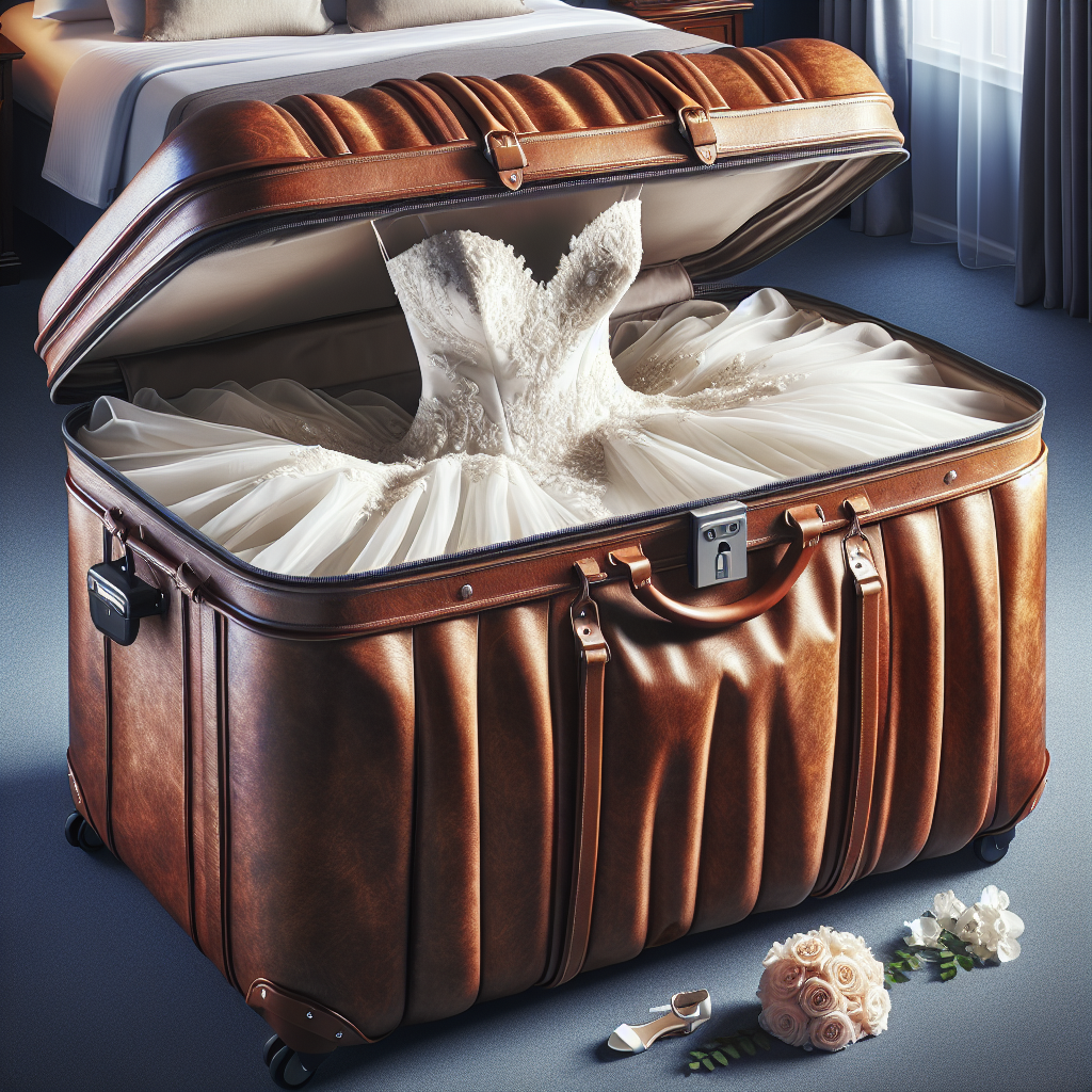 Transporting a wedding dress to a far-off locale presents its own unique set of challenges. Imagine an optimal solution, a premium destination wedding dress bag. It's well-designed to preserve the condition of the gown during travel. You see it in luxuriously textured faux-leather with double-stitched edges, it's spacious enough to accommodate a voluminous bridal gown, the exterior shows secure, sturdy handles and a lock for extra safety. The interior is padded with a satin-like material to protect delicate fabrics, it has multiple compartments for organizing accessories. It's practical yet exudes elegance, making travel a breeze for brides.