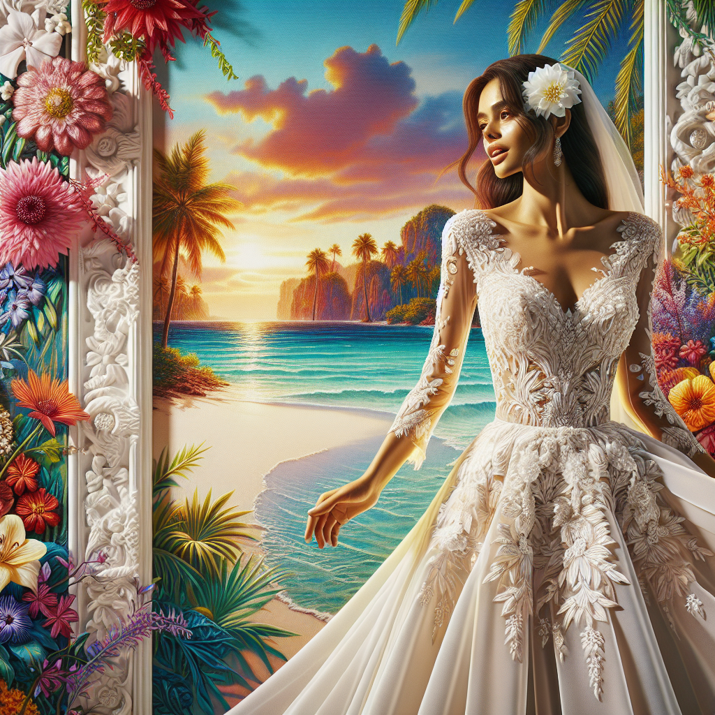 A detailed scene set in a tropical paradise. In the foreground, a bride of South Asian descent is glowing with happiness. She is wearing a wedding dress made of light, airy material suitable for a tropical climate, such as soft chiffon or organza. The dress has intricate designs, while retaining its lightweight characteristic. The background captures a pristine white sand beach with clear-blue sea waters calmly hitting the shore, setting a romantic mood. The vibrant and rich colours of tropical flowers and palm trees create a lively and joyful atmosphere. The sun is on its way to set, casting a warm glow on the entire scene.