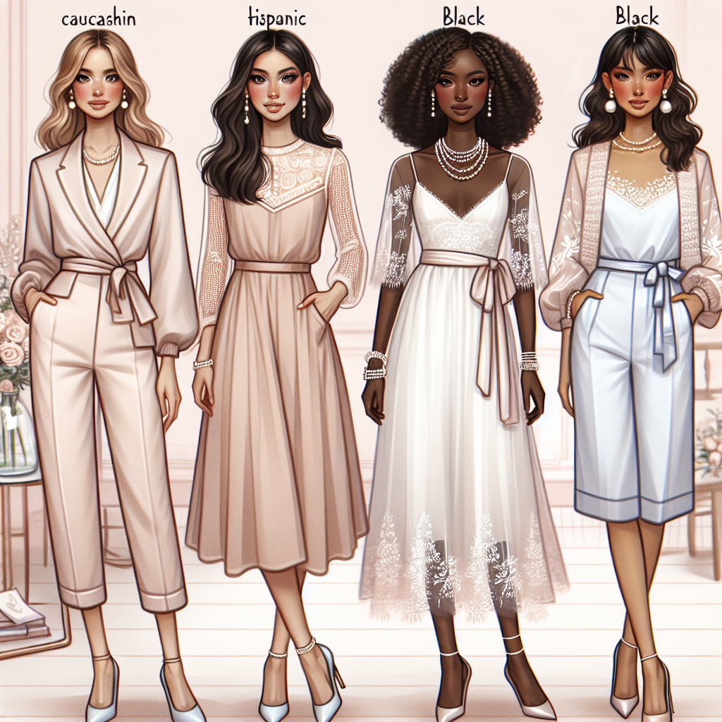 Visualize an elegant fashion showcase featuring four women of different descents - Caucasian, Hispanic, Black, and South Asian - styled in sophisticated and effortless ensembles suitable for a bridal shower. Picture them in complementary pastel tones, with garments like chic dresses, stylish jumpsuits, and classy skirts paired with floral or lace blouses. Add details such as pearl jewelry, soft makeup, and neatly styled hairdos. Set the scene in a classy, well-lit venue with a hint of bridal decor.