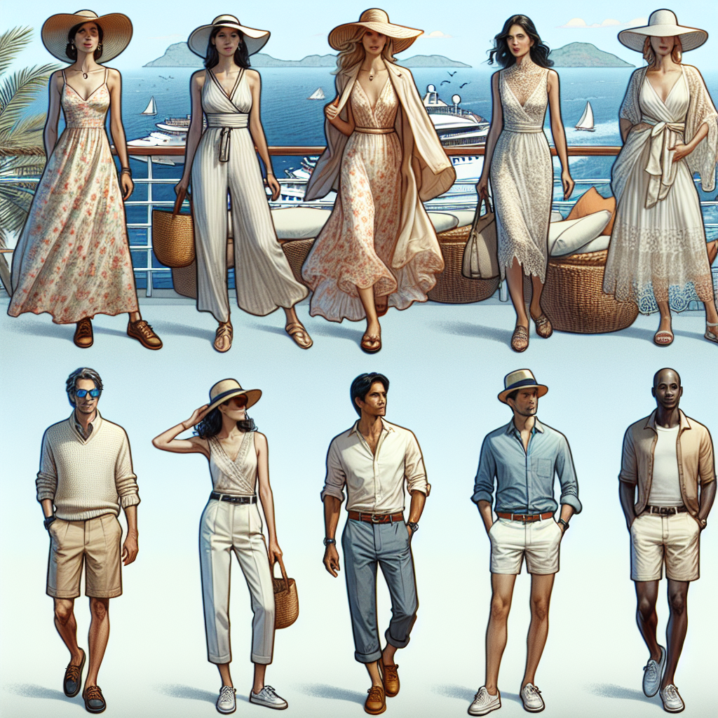 Imagine an assortment of various chic and comfortable outfits ideal for a luxurious cruise journey. In one corner, visualize a Middle-Eastern woman in her mid-30s, embracing the sea breeze in a flowing sundress with floral patterns and wide-brimmed hat. Nearby, a Hispanic male in his 40s sports a lightweight linen shirt, shorts, and deck shoes, an epitome of casual elegance. Next, a South Asian woman, perhaps in her late 20s, is dressed in a stylish evening gown for a fancy dinner onboard. Finally, a black man, early 50s, donning a smart-casual ensemble of a polo shirt and crisp khaki pants, ready for a fun-filled day of cruise activities.
