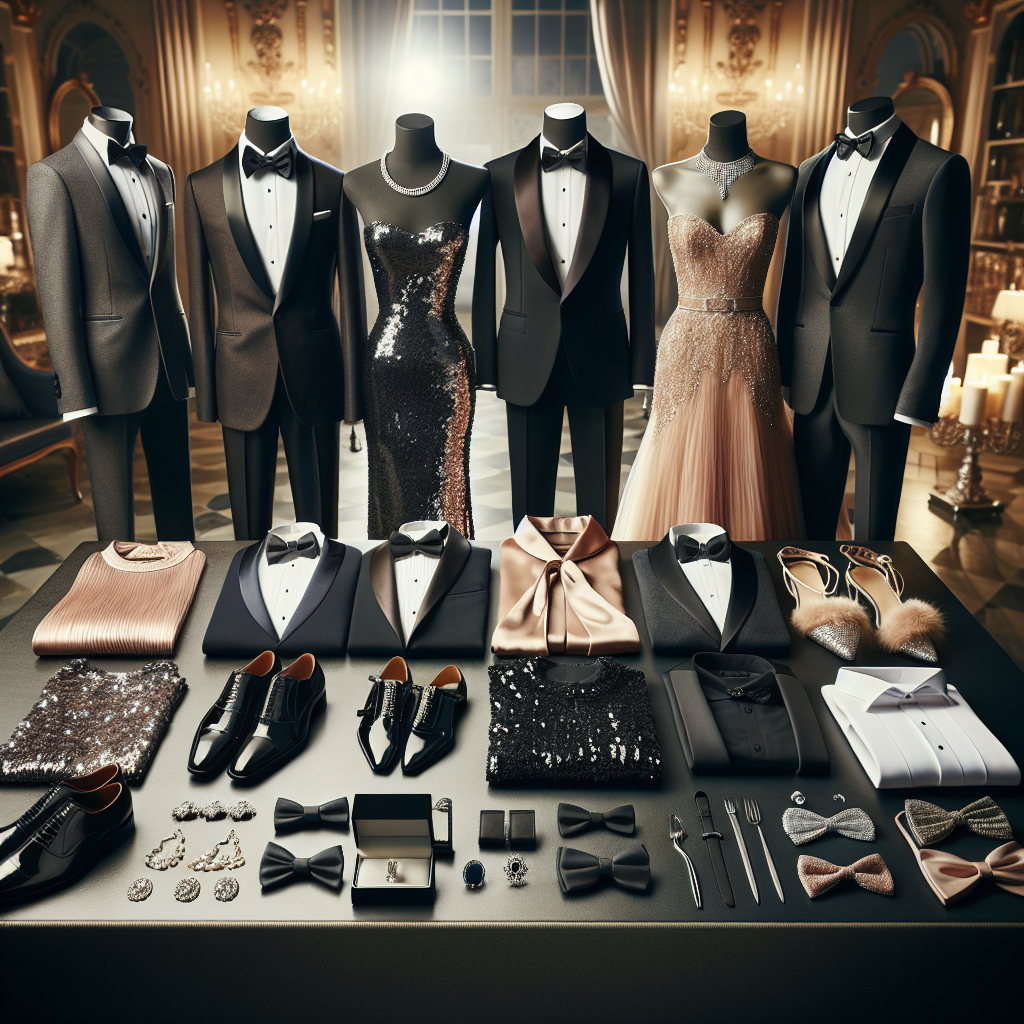 An array of potential outfit choices for a formal gala event spread on a luxuriously decorated table. Outfits include a sleek black tuxedo for a Middle-Eastern man, a sequin-embellished evening gown for a Hispanic woman, a  classic cocktail dress for a South Asian woman, and debonair bow tie options for a Caucasian man. Additional accessories such as pearl necklaces, diamond earrings, silver cufflinks, and patent leather shoes are prominently displayed among the elegant attire. These options should epitomize the balance between elegant sophistication and effortless chic. The background depicts a softly lit, lavish environment suggestive of a high-end gala event.