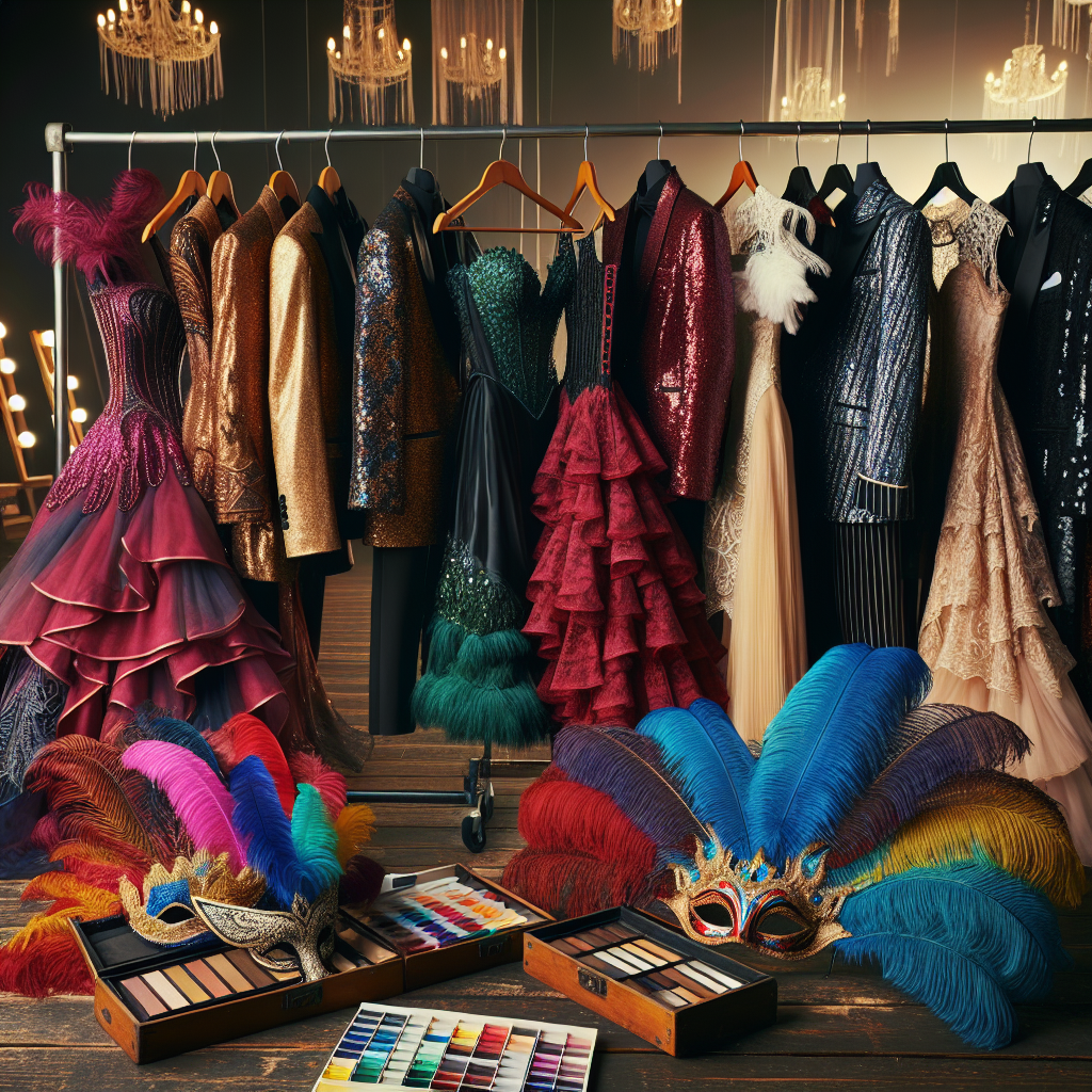 Craft a visual representation of an array of stunning outfits for Broadway shows portraying individuals of diverse descents and genders on a rack. These garments should embody the vibrant and dramatic nature of the theatre world. Picture plush velvet gowns, glittering sequined suits, vibrant feathered headpieces and demure lace masks, each outfit conveying its own personality and spirit, ready to spotlight their wearers. Add the details that the setting is back-stage, with glimpses of bright stage lights, actors rehearsing in the background and swirling colors of makeup on a dressing table.