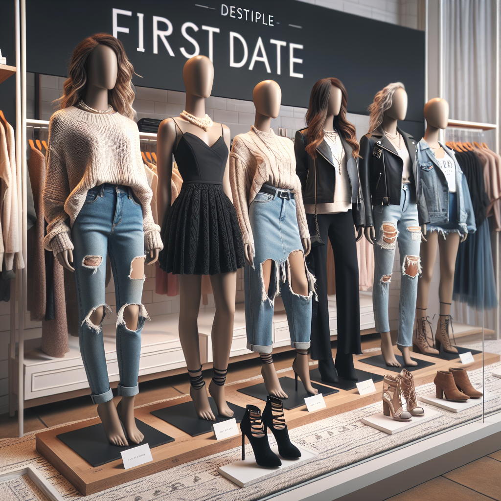 Imagine the scene of a boutique showing a display of first date outfits. The layout showcases fashion combinations that reflects various styles and personal tastes. There's a casual ensemble comprised of trendy blue jeans and a comfy knit sweater; a classic sophisticated outfit featuring a little black dress accessorized with a pearl necklace; and a unique, edgy look with a leather jacket and ripped denim skirt. Each outfit is modeled by a mannequin of different descent - Hispanic, Black, and Middle-Eastern, respectively. The layout is tastefully decorated, making an aesthetically pleasing view for customers passing by.