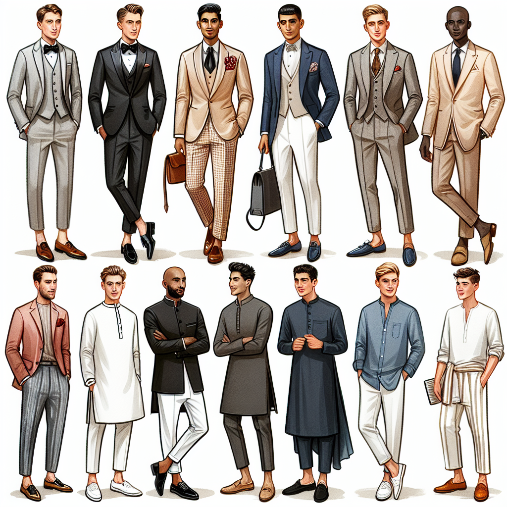 An illustration displaying a variety of stylish attires that men can consider for wedding attendance. The first ensemble includes a classic tuxedo worn by a Caucasian man with a bow tie and patent-leather shoes. The middle-eastern man next to him is wearing a contemporary suit with a thin tie and derby shoes. A traditional cultural South Asian Sherwani is worn by a man from South Asia standing nearby. There is also a black man wearing a semi-formal suit with a trendy pair of loafers, and a Hispanic man in a relaxed linen suit for beach weddings. Finally, there's a white man showcasing a casual attire, with a blazer, chinos, and loafers. 