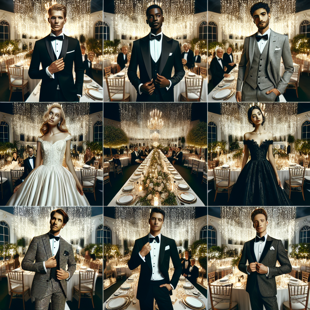 Create an image that captures the essence of a black tie wedding event. Picture an evening scene with a wedding venue decorated elegantly: twinkling fairy lights, opulent chandeliers, and pristine white table settings. Centered within the scene, portray several couples where each person from different descents: Caucasian, Black, Middle-Eastern, South Asian, Hispanic, and East Asian, displays their own unique elegant black tie wedding attire. Include an array of tuxedos, tailored suits, evening gowns, and cocktail dresses in shades of black, white, and gray. Include details like bow ties, cummerbunds, pocket squares, and laced stilettos for a complete view of timeless elegance.