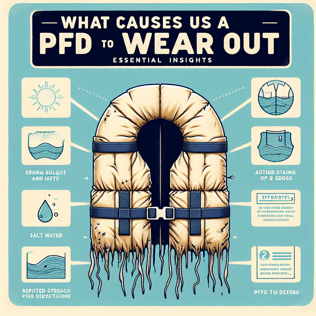 Create an image showing a worn-out Personal Flotation Device (PFD). The PFD should be depicted with signs of discoloration and fraying at the edges, indicative of its overuse and exposure to harsh environmental conditions. Alongside the PFD, depict the elements such as strong sunlight, salt water, and repeated stress from use, identifying them as factors that contribute to its wear and tear. Also, illustrate a printed excerpt from the article 'What Causes a PFD to Wear Out? Essential Insights' with a breakdown of these factors. Make sure to use neutral and easily readable colors and fonts.