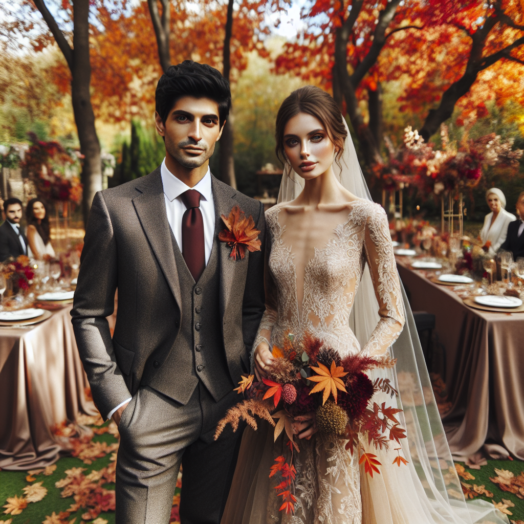 Imagine a picturesque autumn scene at an outdoor wedding reception. A South Asian man, the groom, is dressed in a classic charcoal gray suit with a deep maroon tie, matching the fall leaves. He stands next to a Caucasian woman, the bride, who is resplendent in a beautifully tailored, effortless champagne-colored lace A-line gown, with delicate fall-themed flora and fauna incorporated into her veil. Rich fall colors are echoed in the decor, table settings, and floral arrangements. The guests, a diverse blend of men and women of various descents and genders, complement the setting in fashionable autumn attire.